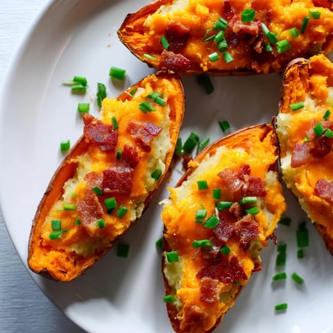 Freshly baked Loaded Sweet Potato Skins with Bacon and Chives topped with crumbled bacon and chopped green chives for a savory bite.