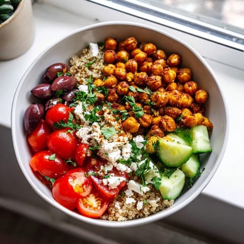 This vibrant Mediterranean grain bowl features crispy roasted chickpeas, tangy feta, and fresh vegetables on fluffy quinoa for a healthy meal.  