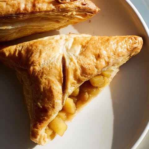 A close-up of golden, flaky Homemade Golden Apple Turnover Pastries dusted with sparkling sugar, revealing a warm, spiced apple filling.