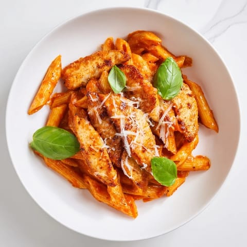 A close-up of Spicy Tomato Chicken Pasta, featuring al dente penne coated in a zesty tomato-chili sauce and topped with tender chicken pieces.