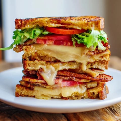 Golden-brown grilled sourdough sandwich stuffed with smoky tempeh bacon, crisp lettuce, juicy tomato slices, and melted vegan cheese.