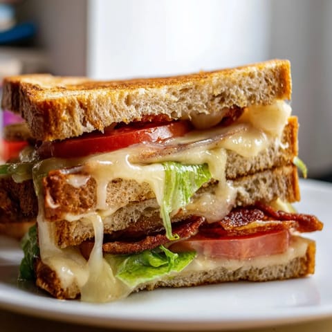 Close-up of a Vegan Bacon BLT Grilled Cheese, showing melted vegan cheese and layers of fresh vegetables.