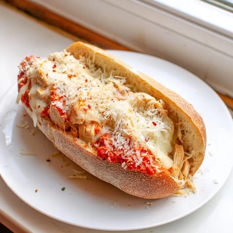 Freshly baked Chicken Parm Stuffed Garlic Bread boats ooze with melted mozzarella and Parmesan over savory marinara chicken filling.