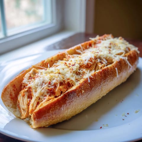 Golden-brown garlic bread boats hold tender chicken Parmesan, with marinara sauce and bubbling cheese for an Italian-American feast.