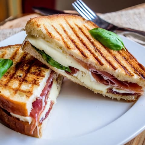 Crunchy prosciutto and torn burrata melt together inside a golden, buttery grilled cheese sandwich.  