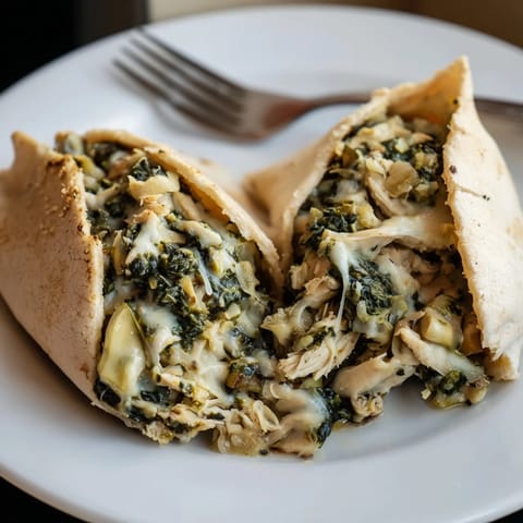Freshly baked spinach artichoke chicken stuffed pitas, showing creamy filling oozing from the warm, fluffy pita.