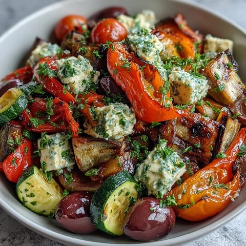 Warm Roasted Greek Salad with vibrant, caramelized vegetables and creamy feta cheese.