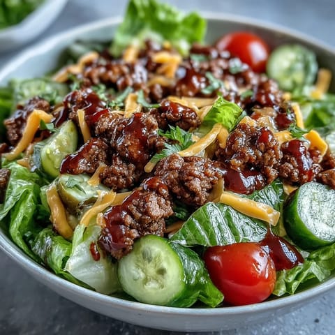Deconstructed Easy Big Mac in a Bowl: juicy beef, crisp lettuce, gooey cheese, and creamy sauce.