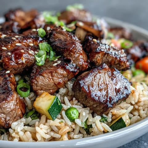 Flavorful Easy Hibachi Steak With Fried Rice, served hot garnished with green onions.