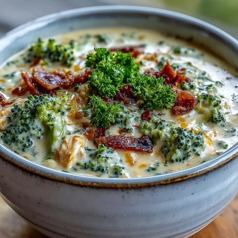 Creamy Chicken Broccoli Cheddar Soup, a comforting bowl topped with melted cheese.