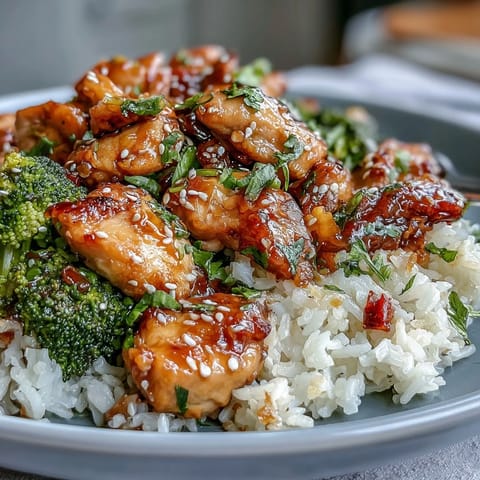 Tender One Pan Honey Garlic Chicken Broccoli Rice glistening with sweet, savory sauce.