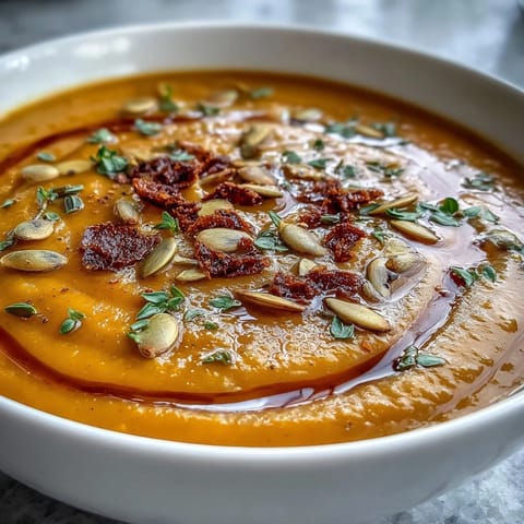 Savory roasted butternut squash soup in a rustic bowl, topped with pumpkin seeds and a fresh thyme sprig.