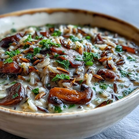 A comforting bowl of Wild Rice Mushroom Soup served hot with a side of crusty bread for dipping.