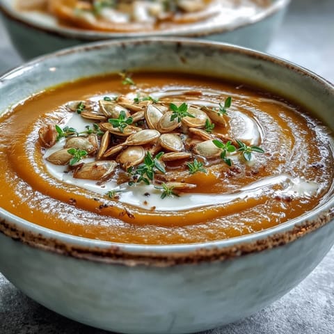 A bowl of velvety roasted butternut squash soup with a swirl of cream, paired with a slice of crusty bread.