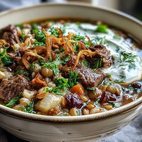 A steaming bowl of Beef Barley Soup garnished with mint-fried onions and a sour cream swirl.