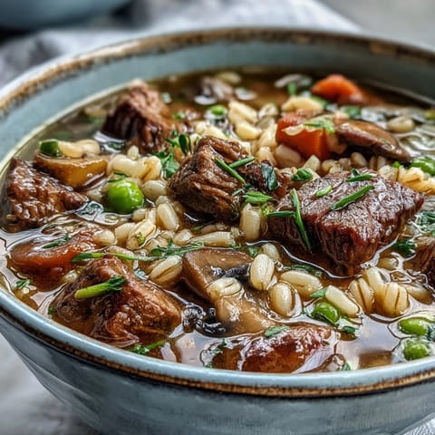 Spoon-ready bowl of Beef and Barley Soup, paired with crusty bread and a sprinkle of fresh parsley.