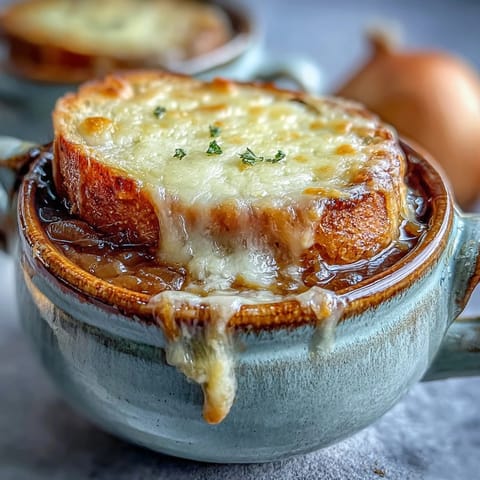 Classic French Onion Soup served with a toasted baguette slice, melted cheese, and fresh thyme garnish.