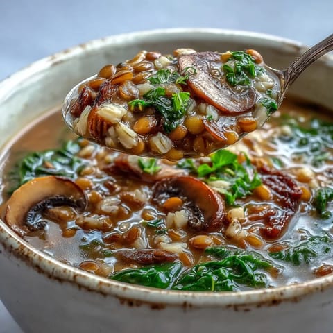 Steaming bowls of hearty Double Lentil and Mushroom Barley Soup feature collard greens and crusty bread.