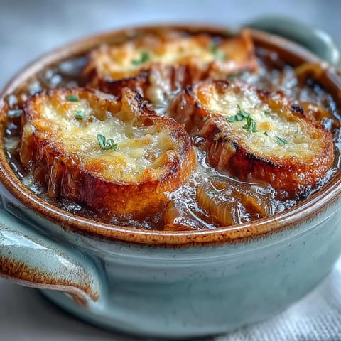 Steaming French Onion Soup topped with crusty bread and broiled Gruyère, garnished with fresh thyme alongside a salad.