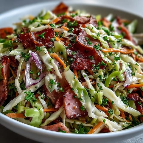 Freshly tossed German Cabbage Coleslaw With Shredded Ham, featuring crisp green and red cabbage in a tangy apple cider vinegar dressing.