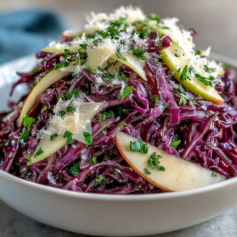 Vibrant Red Cabbage Coleslaw With Apple and Parmesan served on a rustic wooden table, featuring crisp cabbage, julienned apples, and savory shaved cheese.