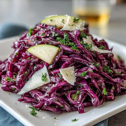 Freshly shredded Red Cabbage Coleslaw With Apple and Parmesan in a white bowl, tossed in a glistening tangy vinaigrette for a crunchy side dish.