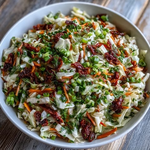 Hearty Cabbage Salad With Sundried Tomatoes with vibrant red and green cabbage, carrots, and bell peppers.