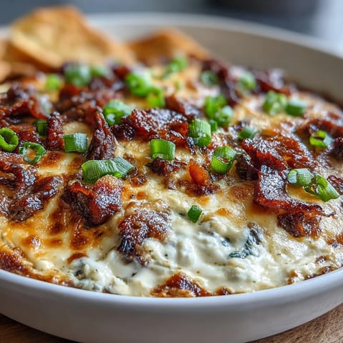 Golden, bubbly Philly Cheesesteak Dip in a baking dish with melted provolone, served alongside toasted crostini for dipping.