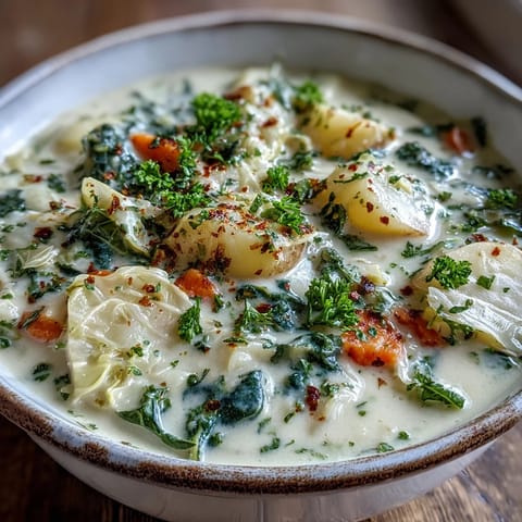 Creamy Potato Soup with Cabbage ladled into a white bowl, garnished with fresh parsley and served alongside crusty bread.