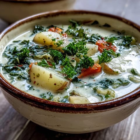 Steaming bowl of Creamy Potato Soup with Cabbage, featuring tender russet potatoes and carrots peeking through the velvety texture.