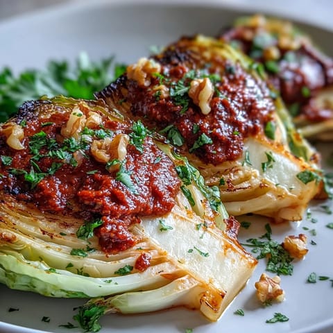 Golden-brown roasted cabbage wedges topped with rich Winter Romesco and fresh parsley for a hearty vegetarian meal.