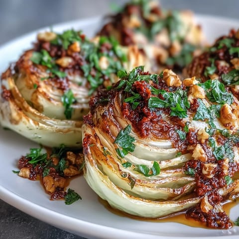 Charred edges on tender cabbage wedges smothered in nutty Winter Romesco, garnished with walnuts and lemon wedges.