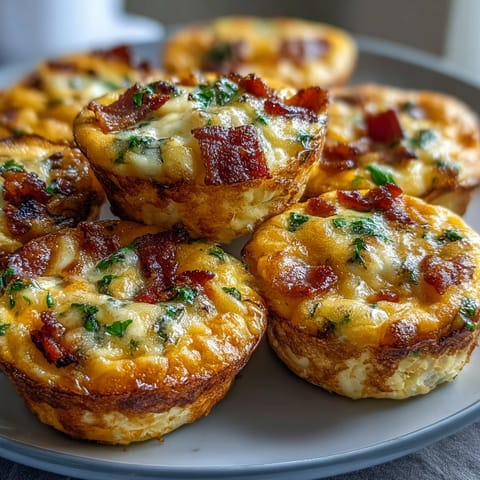 A close-up of fluffy, cheesy Breakfast Egg Muffins filled with colorful bell peppers and savory bacon crumbles, served warm.