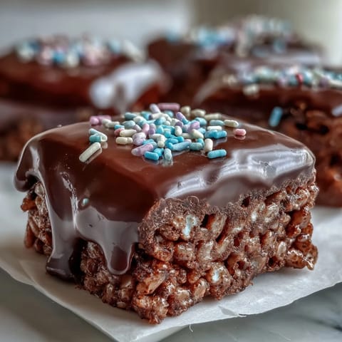Homemade Chocolate Covered Rice Krispy Treats stacked high, topped with rainbow sprinkles, ready to serve at a party.