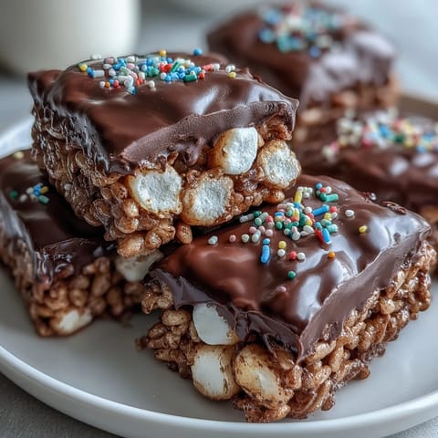 Golden Rice Krispy base coated in glossy dark chocolate, with colorful sprinkles, cut into squares on a platter.