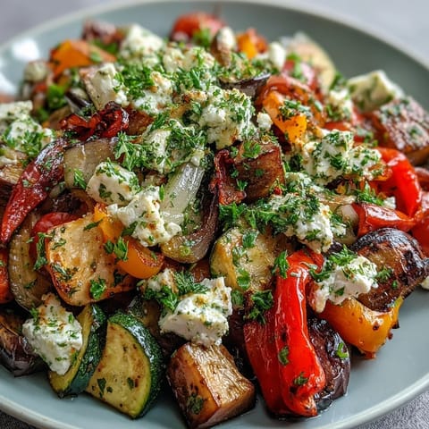 A close-up of vibrant Roasted Mediterranean Greek Vegetables with feta, parsley, and Kalamata olives.