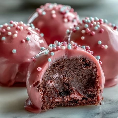 Vibrant pink candy-coated Oreo Truffle Balls on a marble slab, with a bite revealing the creamy, dark cookie center. 