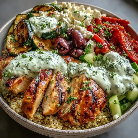 A vibrant, finished Healthy Grilled Mediterranean Bowl topped with juicy halloumi, cherry tomatoes, olives, and a drizzle of creamy tzatziki sauce.