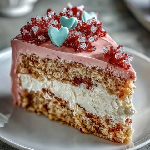 Candy Hearts Fake Cake topped with pastel conversation hearts and rainbow sprinkles on dessert plate.