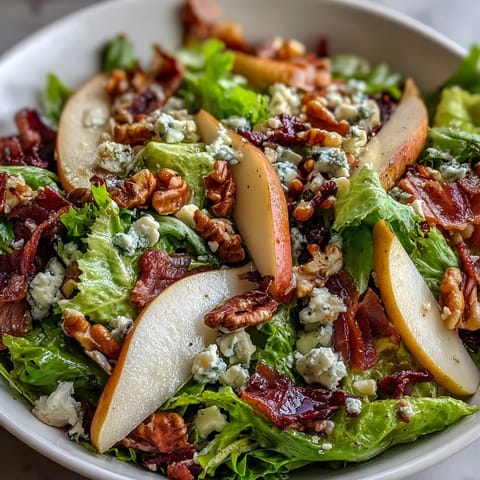 A vibrant salad of frisée, ripe pears, blue cheese, and prosciutto, beautifully plated for a light lunch.
