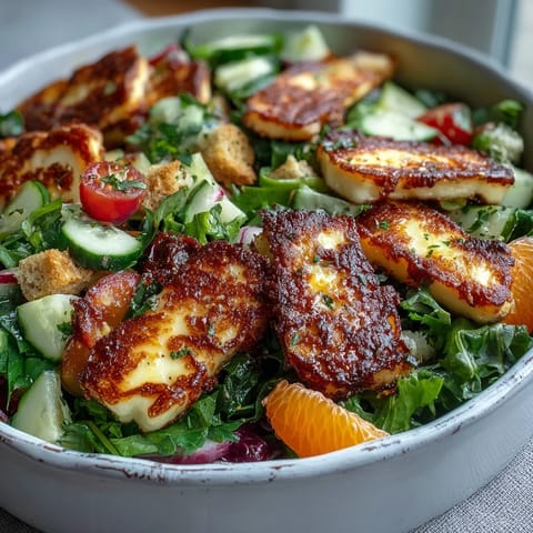 Crispy golden halloumi and juicy blood orange slices top a fresh Middle Eastern salad with crunchy sourdough croutons.