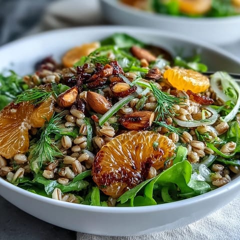 A close-up of a Farro Salad Bowl with Fennel, Oranges & Almonds showing glistening orange segments and toasted almonds on greens.  