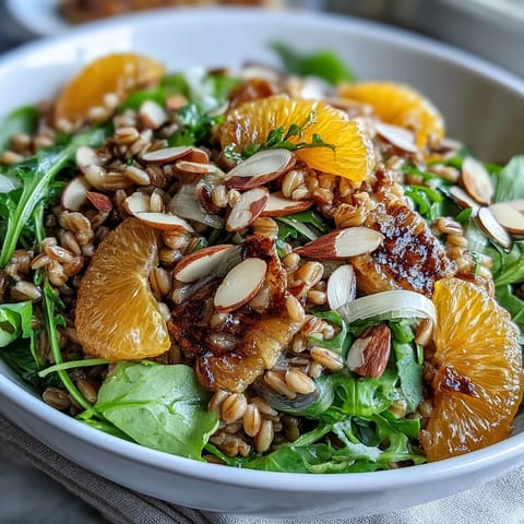 Vibrant Farro Salad Bowl with Fennel, Oranges & Almonds tossed with crisp fennel, red onion, and a light citrus vinaigrette.  
