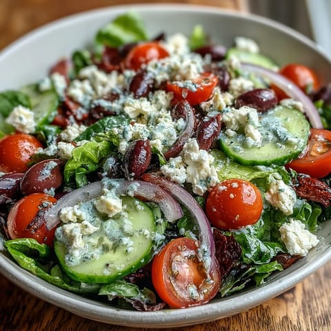 A vibrant Mediterranean Green Salad Bowl with crisp spring mix, juicy cherry tomatoes, and creamy feta cheese tossed in tangy Greek dressing.  