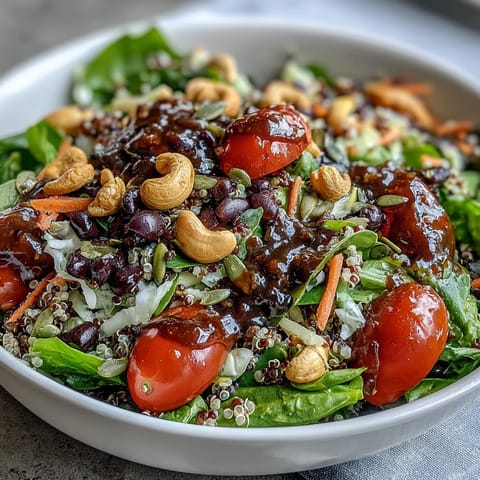 A vibrant Rainbow Salad Bowl with quinoa, chickpeas, and colorful vegetables topped with crunchy nuts and a zesty lemon dressing.