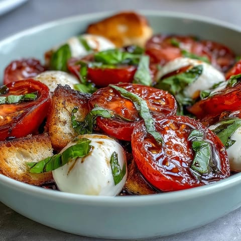 Vibrant Caprese Salad Bowl with juicy tomatoes, fresh mozzarella, and crispy bread, drizzled with balsamic for a classic Italian side.