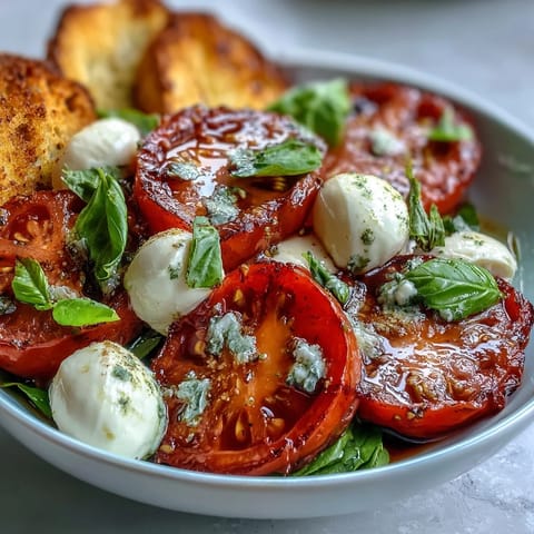 Serving suggestion for Caprese Salad Bowl: colorful heirloom tomatoes and creamy mozzarella tossed with basil and crunchy bread cubes.