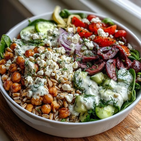 A colorful Mediterranean farro bowl topped with feta and parsley, featuring creamy tahini dressing and fresh vegetables.