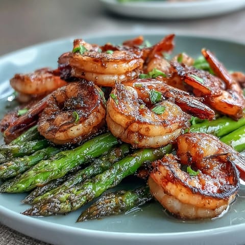 Healthy Easy One-Pan Lemon Garlic Shrimp and Asparagus sizzling in a hot skillet, with bright lemon slices and fresh parsley garnish.