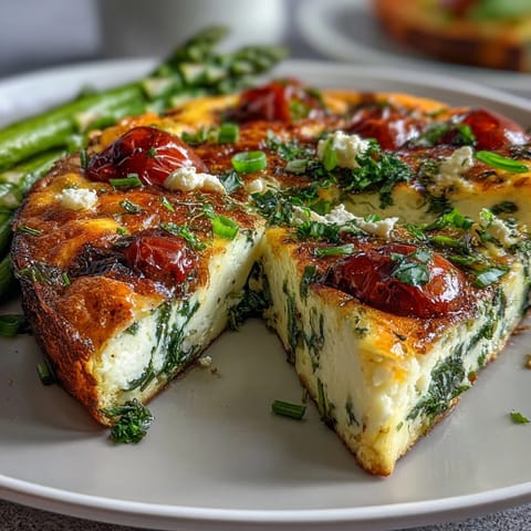 A golden, fluffy Spring Veggie Frittata with tender asparagus, creamy goat cheese, and fresh herbs—ideal for a colorful brunch spread.